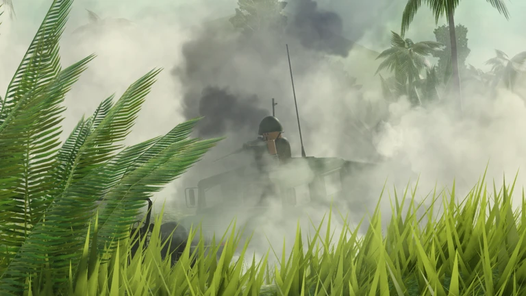 APC advancing through jungle smoke and tall grass in Cold War roblox