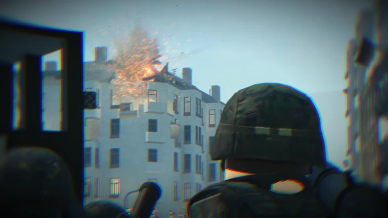 Cold War roblox soldier watching a burning apartment block during a match