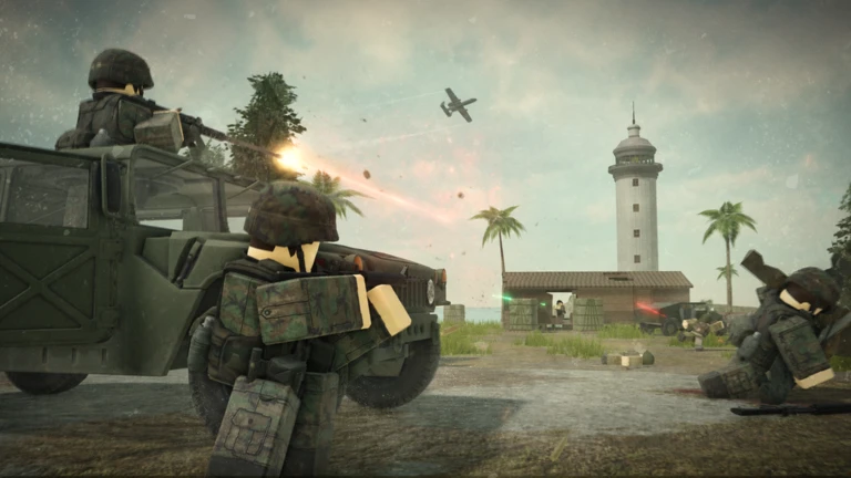 Roblox Cold War soldier aiming from a jeep toward a coastal lighthouse while a jet flies overhead
