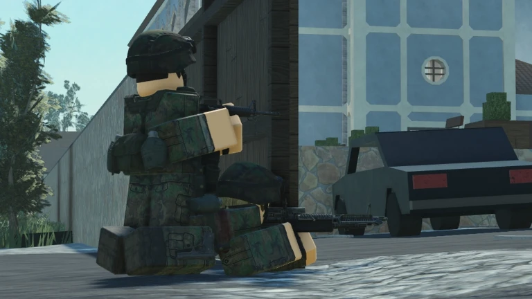 Cold War roblox soldiers crouching behind a wall while aiming across a street