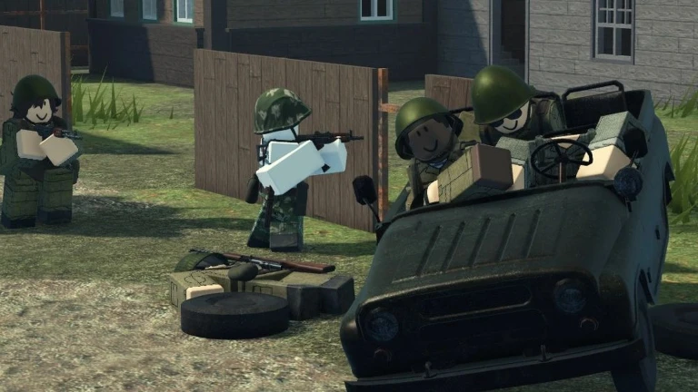 Cold War roblox squad loading into a jeep near a weapons crate in a village